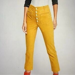Free People Mustard Yellow High-Rise Button Jeans